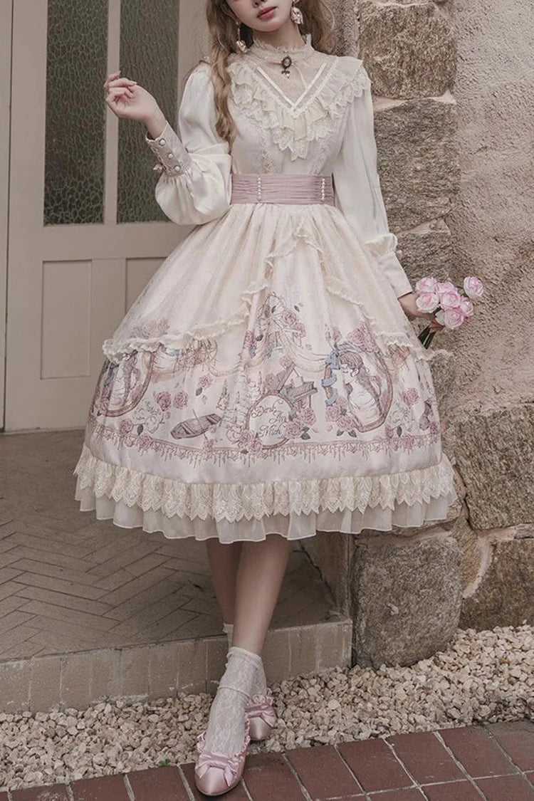 Apricot Rose Prologue Print Long Sleeves Ruffle Sweet Elegant Lolita Dress - Apricot - 1