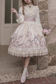Apricot Rose Prologue Print Long Sleeves Ruffle Sweet Elegant Lolita Dress - Apricot - 1