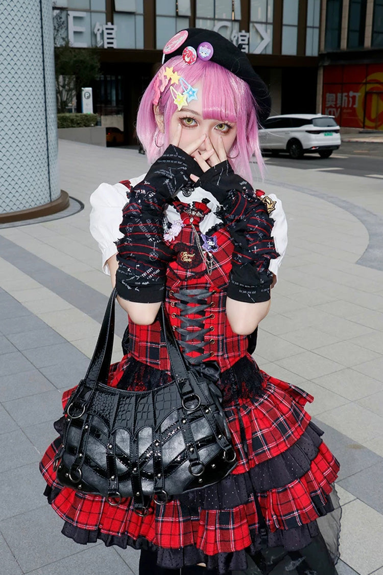 Black Patchwork Studded Punk Lolita Crossbody Bag - Product - 5