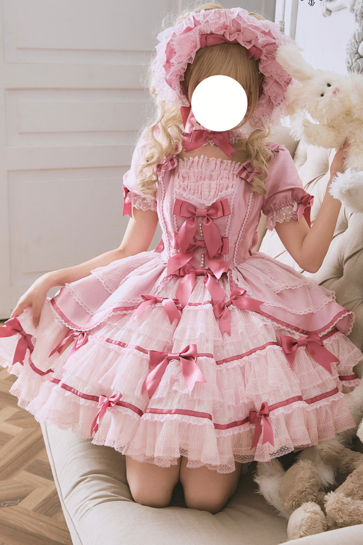Pink [Velvet Cake] Long Trumpet Sleeves Multi-Layered Ruffle Bowknot Lace Sweet Lolita Dress - Product - 4