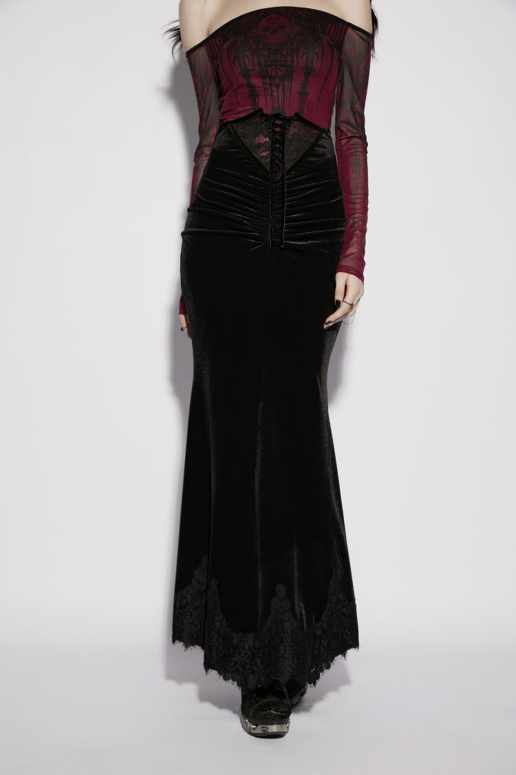 Black Lace Velvet Pleated Women's Gothic Elegant Mermaid Skirt - Product - 7