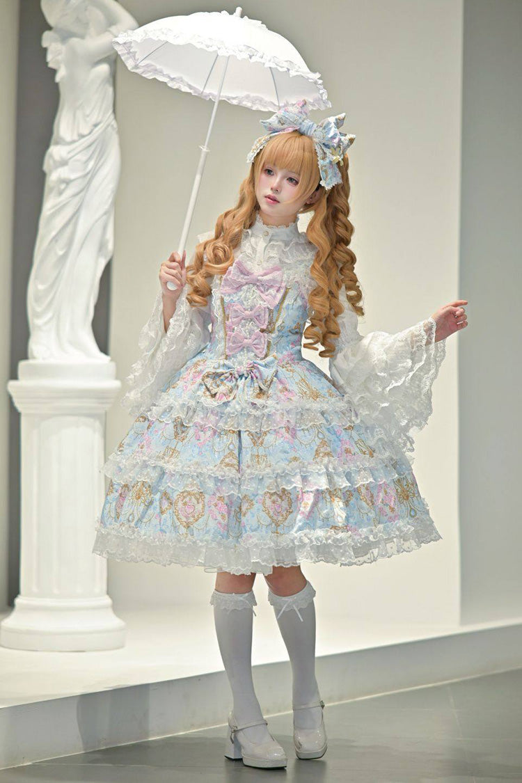 Blue [Candelabrum Elegy] Sleeveless Triple-Layered Flower Wall Printed Ruffled Bow Lace Sweet Lolita Jsk Dress - Product - 4