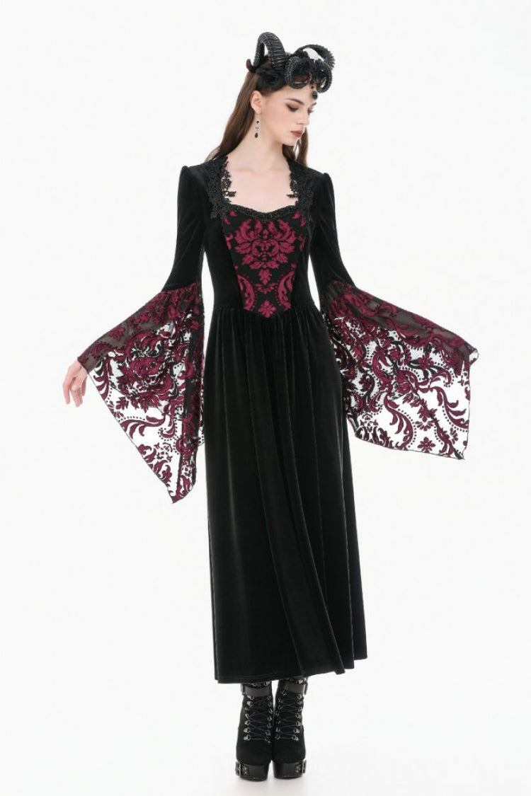 Black/Red Square Collar Long Flare Puff Sleeves Lace Women's Gothic Victorian Velvet Long Dress - Black/Red - 1