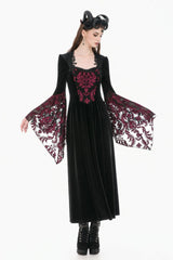 Black/Red Square Collar Long Flare Puff Sleeves Lace Women's Gothic Victorian Velvet Long Dress - Black/Red - 1