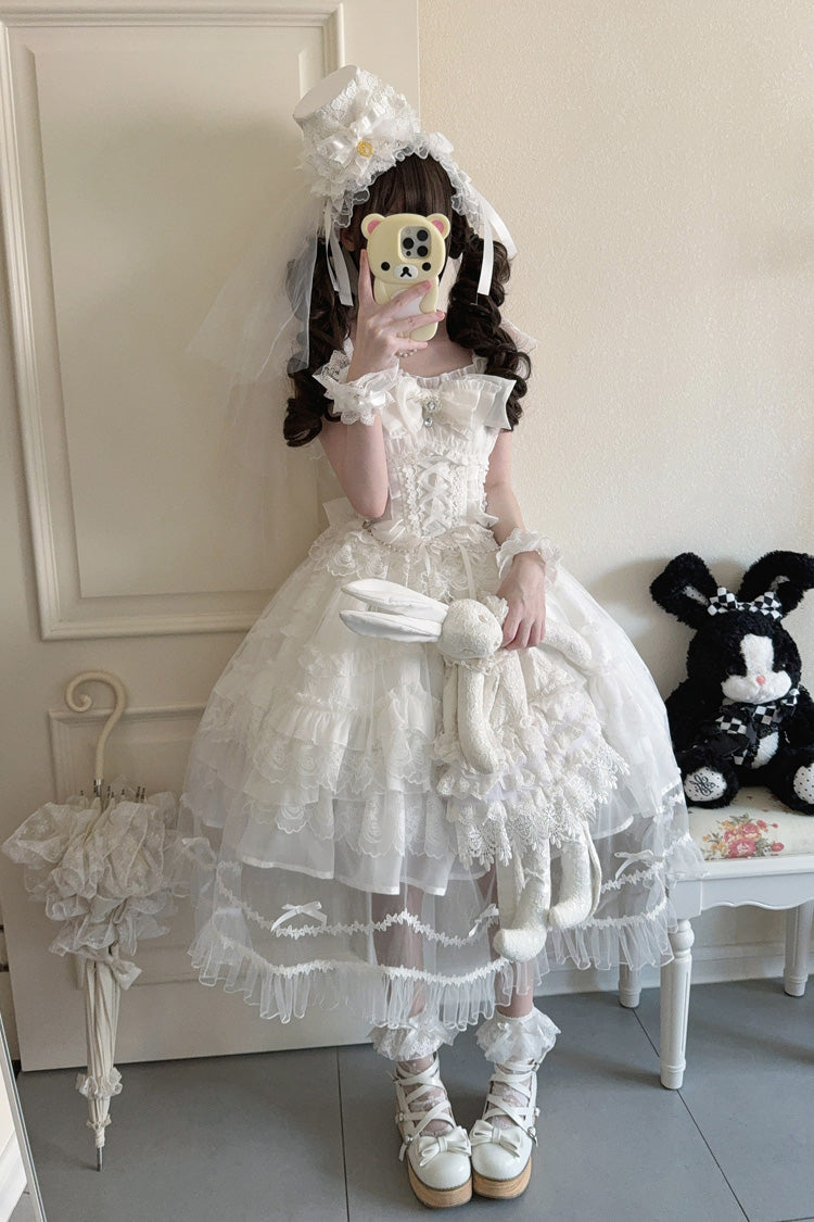 White [Eternal Vow] Sleeveless Multi-Layered Ruffle Hanayome Bowknot Lace Lace-Up Sweet Lolita Jsk Dress - Product - 9