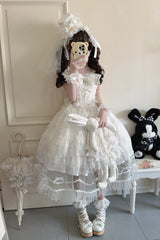 White [Eternal Vow] Sleeveless Multi-Layered Ruffle Hanayome Bowknot Lace Lace-Up Sweet Lolita Jsk Dress - Product - 9