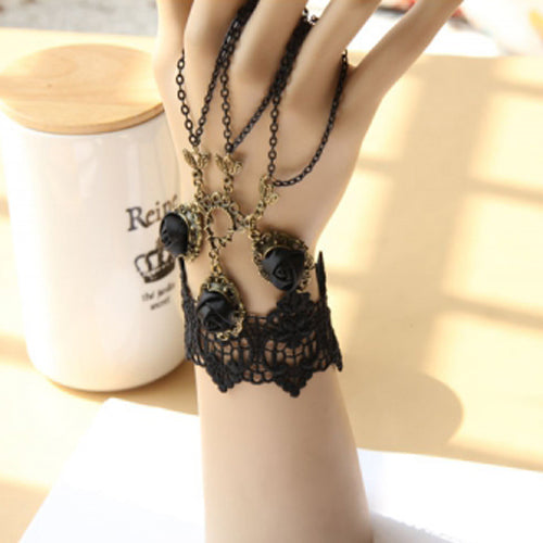 Black Retro Fashion Rose Flower Lace Tassel Female Gothic Lolita Ring Bracelet - Product - 2