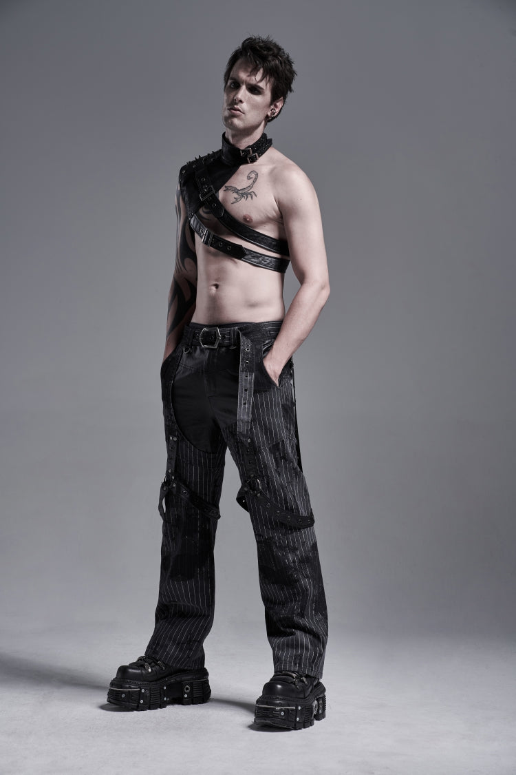 Black Stand Collar Sleeveless Irregular Asymmetric Studded Chain-Decorated Men's Gothic Handsome Cool Shoulder Harnesses - Product - 4