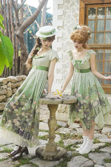 Green [Blooming Roses] Print Oil Painting Chiffon Short Sleeves Ruffle Bowknot Sweet Lolita Dress - Product - 5