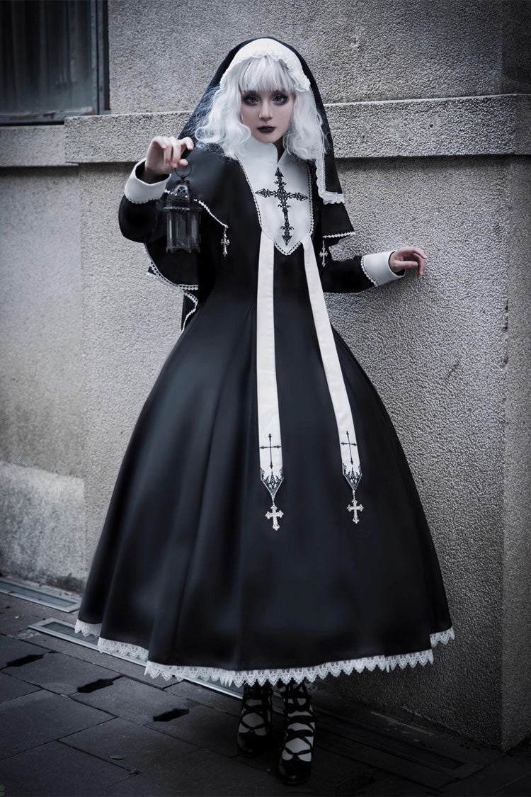 Black [Nun] Long Sleeves Print Stitching Lace Gothic Elegant Lolita Dress - Black - 1