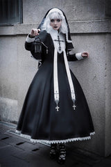 Black [Nun] Long Sleeves Print Stitching Lace Gothic Elegant Lolita Dress - Black - 1