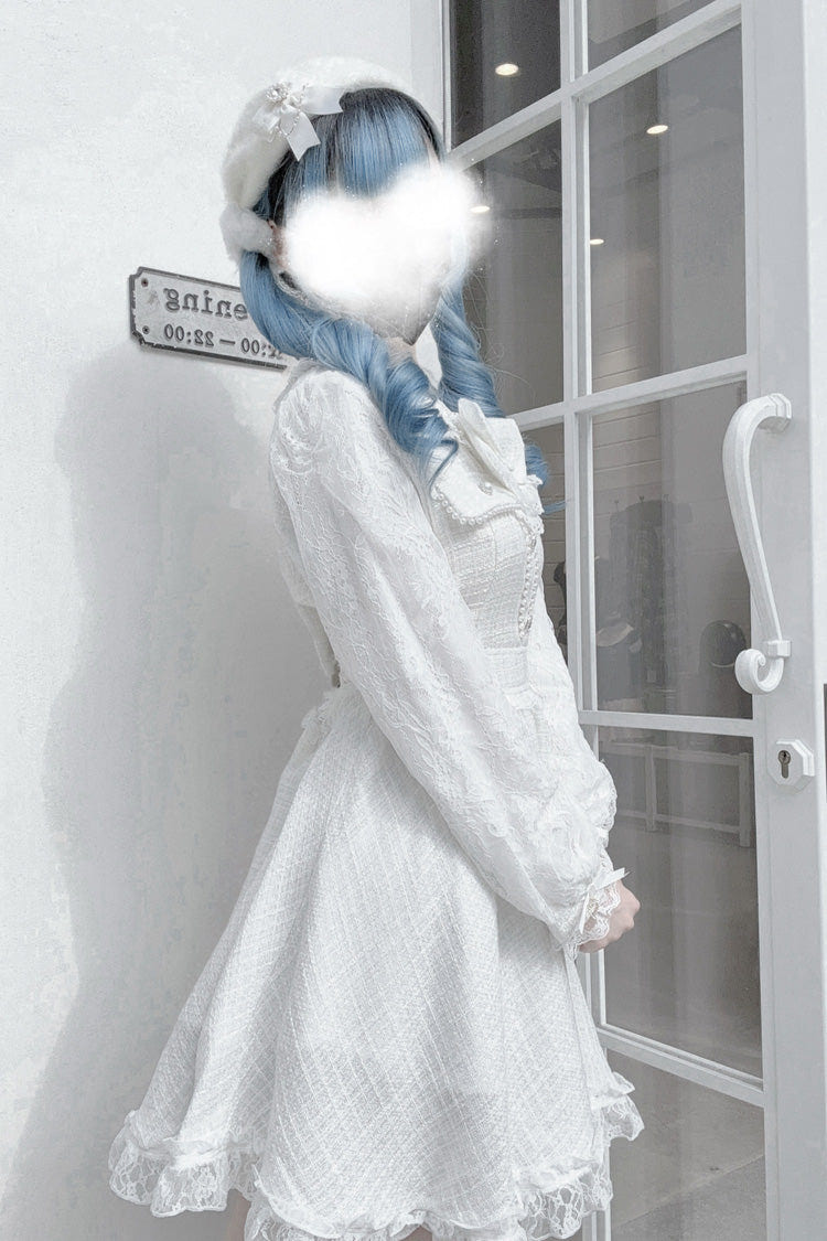White Long Sleeves Bowknot Lace Pearl Sweet Jirai Kei Dress - Product - 5