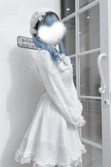 White Long Sleeves Bowknot Lace Pearl Sweet Jirai Kei Dress - Product - 5