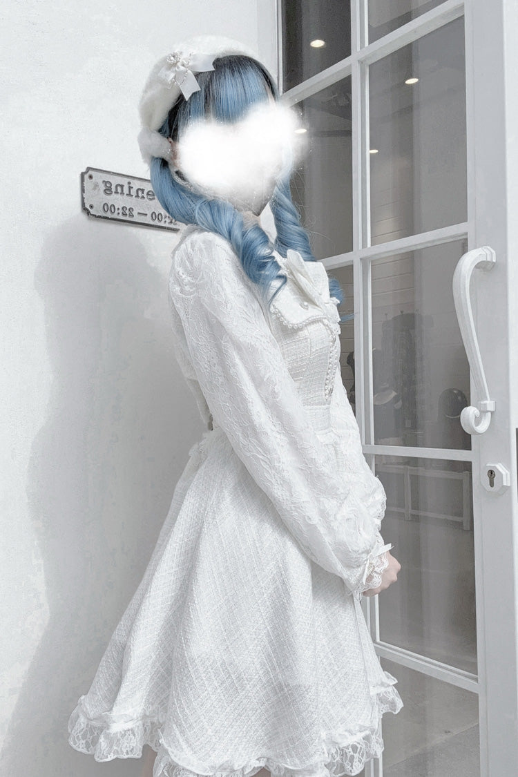 White Long Sleeves Bowknot Lace Pearl Sweet Jirai Kei Dress - Product - 5