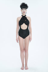 Black Stretch Textured Print Butterfly Halterneck Lace Women's Gothic One Piece Swimsuit - Product - 4