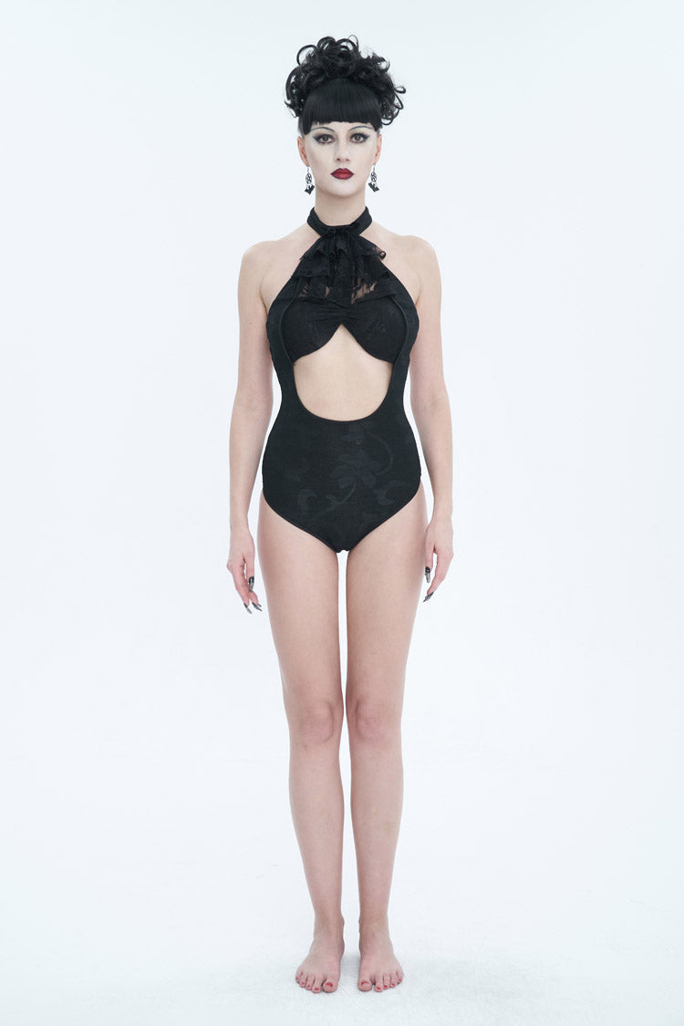 Black Stretch Textured Print Butterfly Halterneck Lace Women's Gothic One Piece Swimsuit - Product - 4