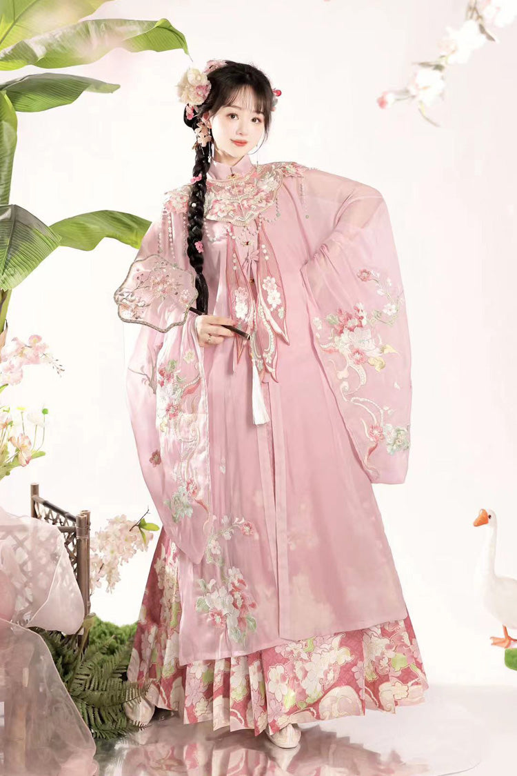 Pink Stand Collar Long Sleeves Ming-Style Embroidery Cloud Shoulder Sweet Hanfu Horse-Face Dress Set - Pink - 1