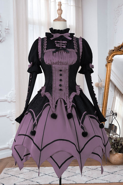 Black / Purple Round Collar Ruffled Long Sleeves Waist Irregular Hem Imp Sweet Lolita OP Dress Full Set - Product - 8
