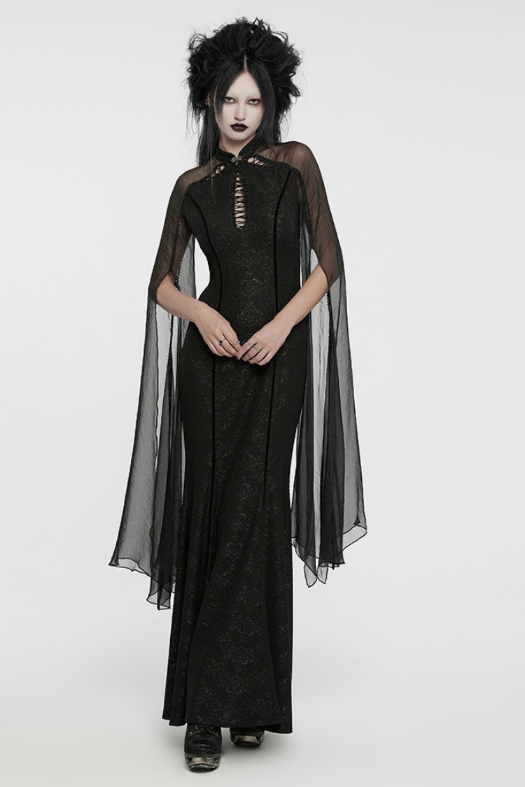 Black Cheongsam Collar Chiffon Stitching Ripped Women's Gothic Dress - Product - 4