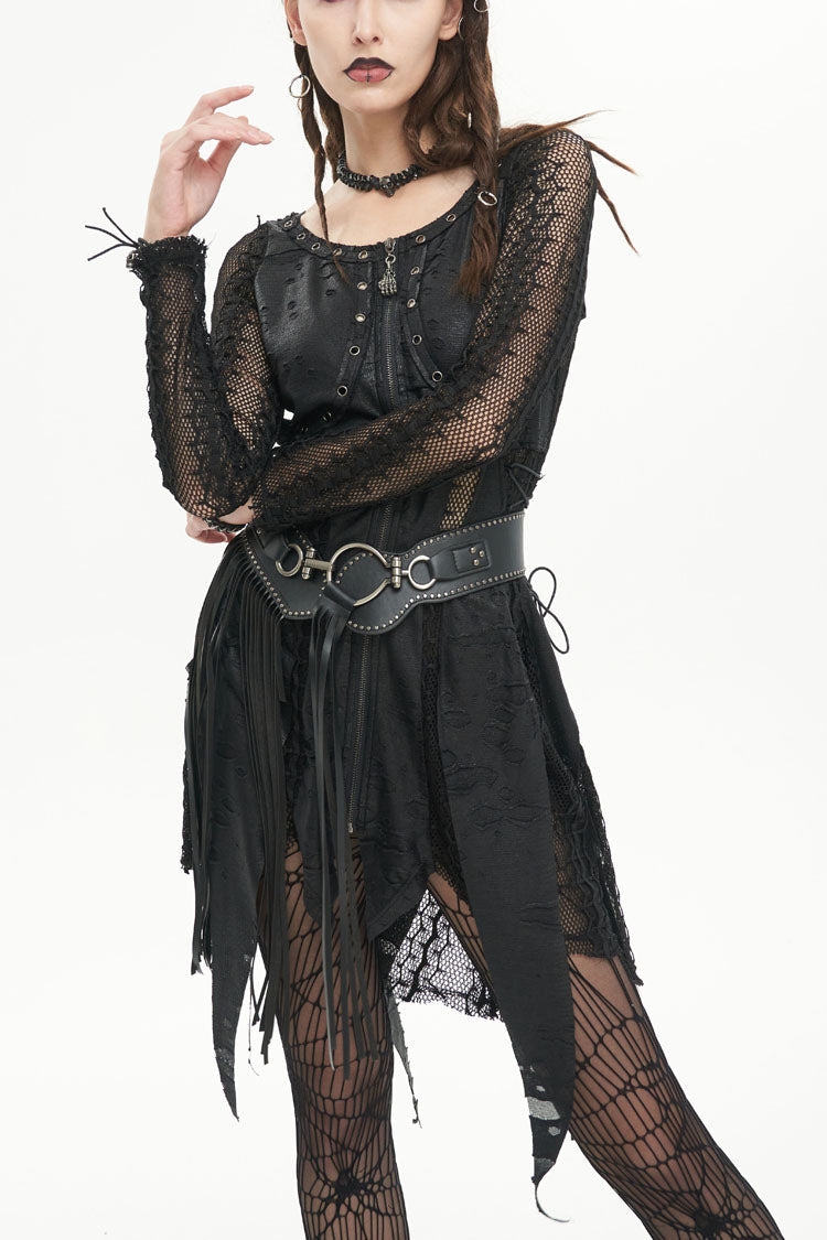 Black Forest Witch Short Irregular Ripped Mesh Women's Gothic Dress - Black - 1