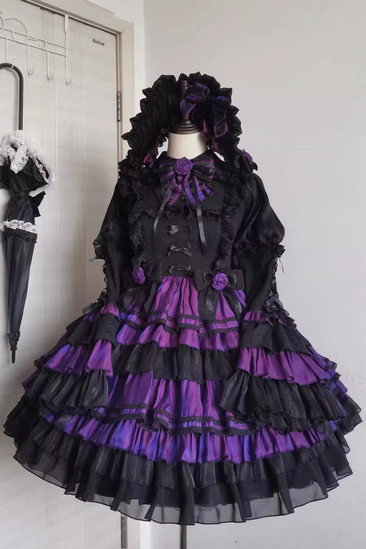Black/Purple Long Trumpet Sleeves Multi-Layered Ruffle Bowknot Lace-Up Gothic Lolita Dress - Black/Purple - 1