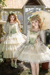 Green [Letters & Poems · Whisper of Lily of the Valley] Square Collar Multi-Layered Ruffled Embroidered Fishbone Sweet Lolita Jsk Dress 2 Versions - Product - 10