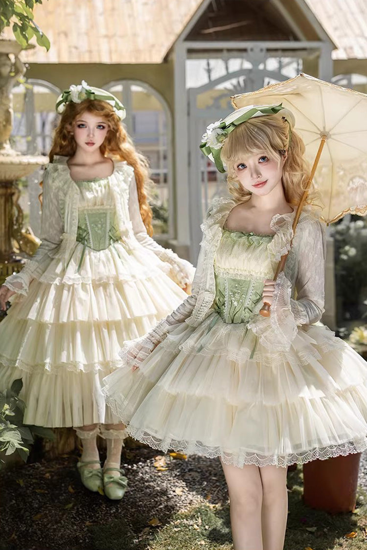 Green [Letters & Poems · Whisper of Lily of the Valley] Square Collar Multi-Layered Ruffled Embroidered Fishbone Sweet Lolita Jsk Dress 2 Versions - Product - 10
