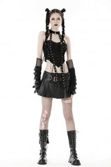 Black Halterneck Eyelet Lace-Up Ripped Women's Punk Tank Top - Product - 8
