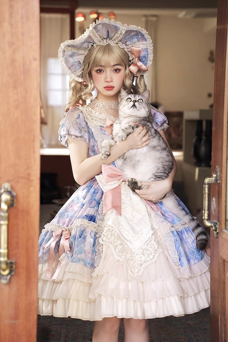 [Angel Heart Sky Oil Painting] Print Ruffle Cardigan Bowknot Sweet Princess Lolita Dress 3 Colors - Product - 5
