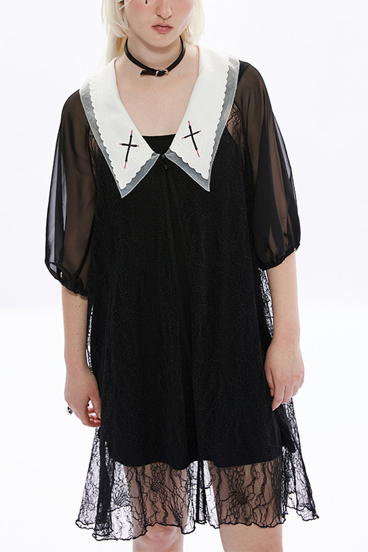 Black Long Puff Sleeves Cross Embroidery Loose Women's Gothic Dress - Black - 1