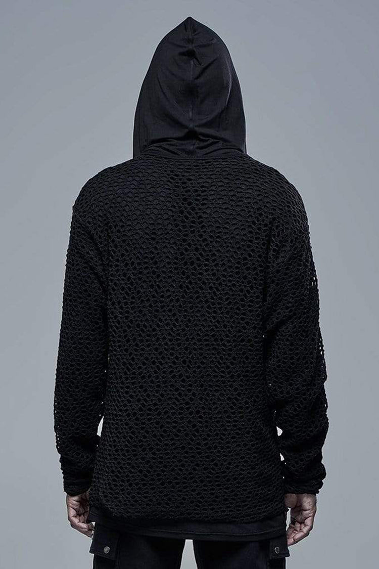 Black Knit Outer Mesh Long Sleeve Inner Hooded Simple Two Piece Men's Punk T-Shirt - Product - 3