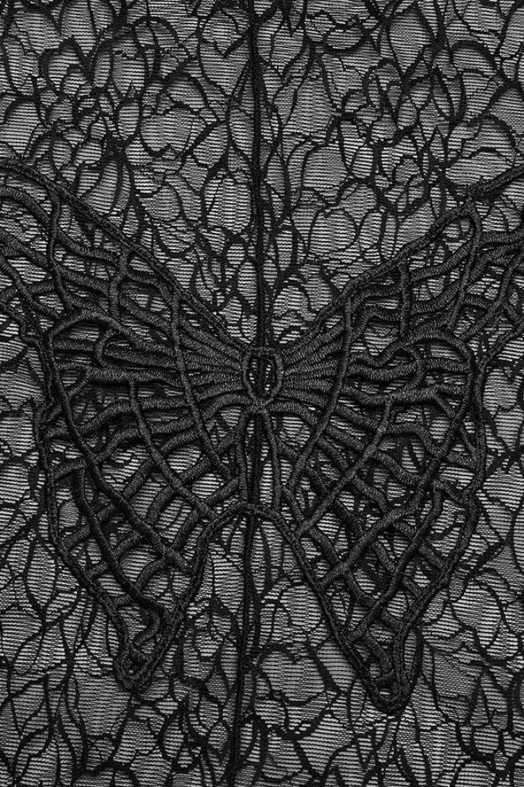 ブラック 長袖 蝶 刺繍 Sheer メッシュ レディース ゴシック T-シャツ 商品画像