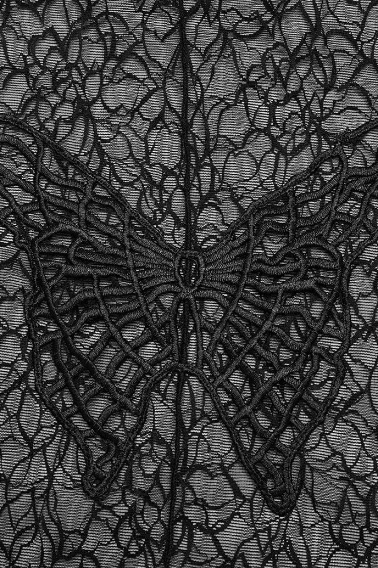Black Long Sleeves Butterfly Embroidery Sheer Mesh Women's Gothic T-Shirt - Product - 5