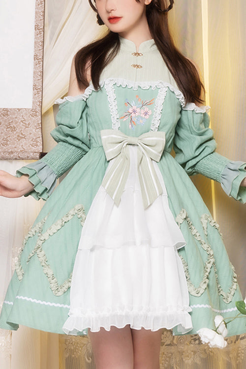 Green Off The Shoulder Long Sleeves Cardigan Hand Embroidered Sweet Lolita OP Dress - Green - 1