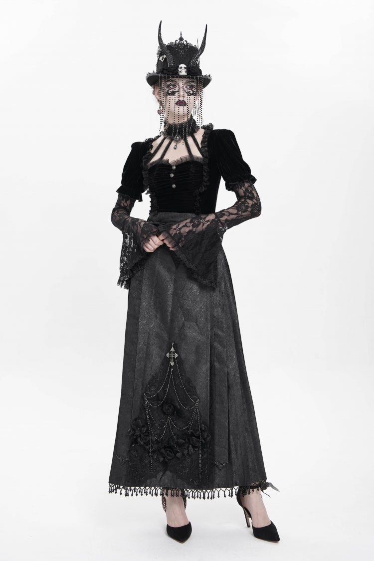 Black Floral Cross Embroidery Chain Women's Gothic Horse-face Long Skirt - Product - 8