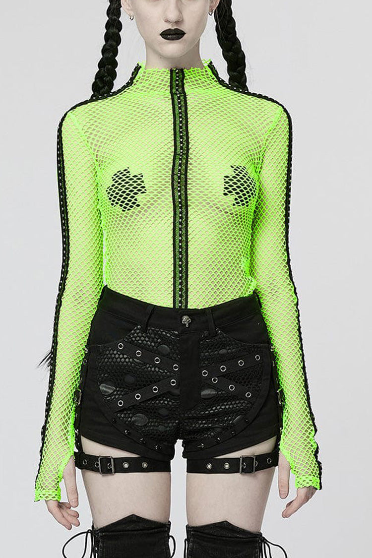 Perspective Mesh Elastic Ribbon Style Slim Sexy Punk Women's T-Shirt 3 Colors - Green - 5