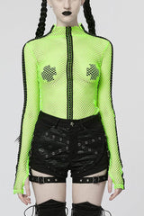 Perspective Mesh Elastic Ribbon Style Slim Sexy Punk Women's T-Shirt 3 Colors - Green - 5