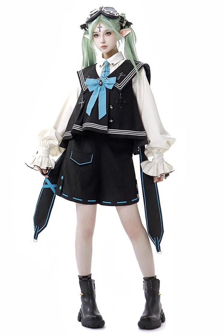 Dark Blue [Magician] Long Sleeves Ouji Prince Mechanical Style Lolita Shorts Vest Set - Dark Blue - 1