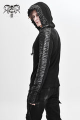 Black Chest Lace Up Vertical Stripes Woolen Splice Bright Crimped Fabric Hooded Men's Punk T-Shirt - Product - 2