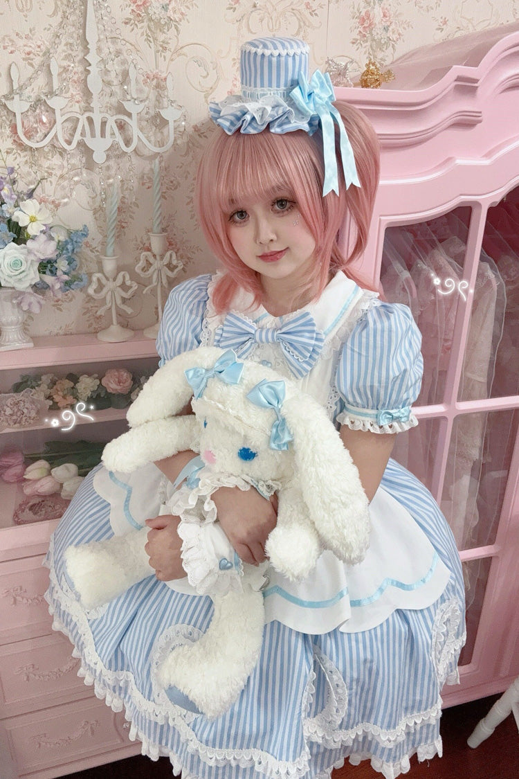 [A Day as a Candy Shop Owner] Peter Pan Collar Short Sleeves Printed Bow Sweet Lolita Dress 3 Colors (Red, Blue, Pink) - Product - 29