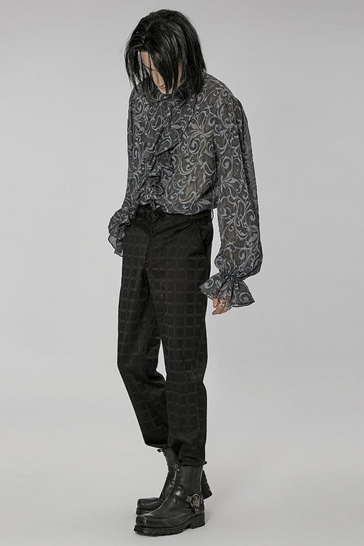 Gray Punk Chiffon Ruffle Stand Collar Wide Brimmed Lantern Sleeves Retro Relief Sculpture Embossing Men's Shirt - Product - 4