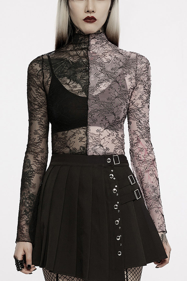 Pink/Black Gothic Lace Stitching Simple Sexy Style Thin See Through Horn Long Sleeved Women's T-Shirt - Pink/Black - 1