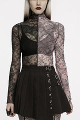 Pink/Black Gothic Lace Stitching Simple Sexy Style Thin See Through Horn Long Sleeved Women's T-Shirt - Pink/Black - 1