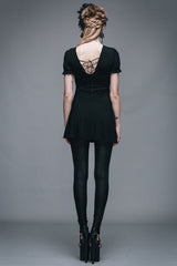 Black Patterned Lace Neck Short Sleeves Womens Mid-Length Gothic T-Shirt - Product - 9
