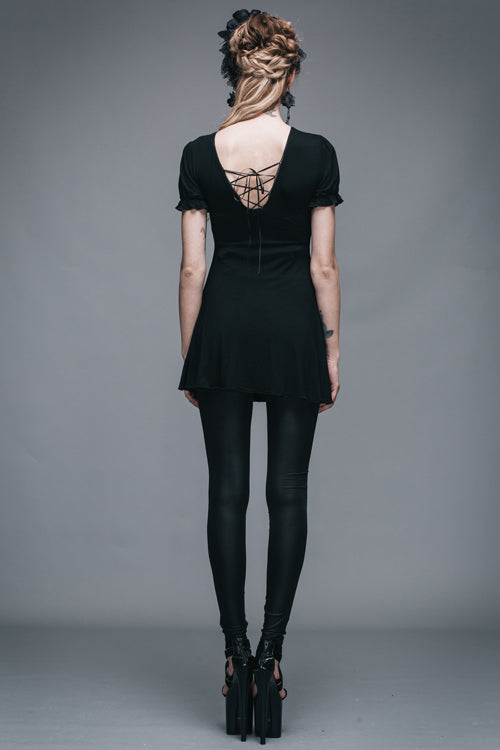 Black Patterned Lace Neck Short Sleeves Womens Mid-Length Gothic T-Shirt - Product - 9