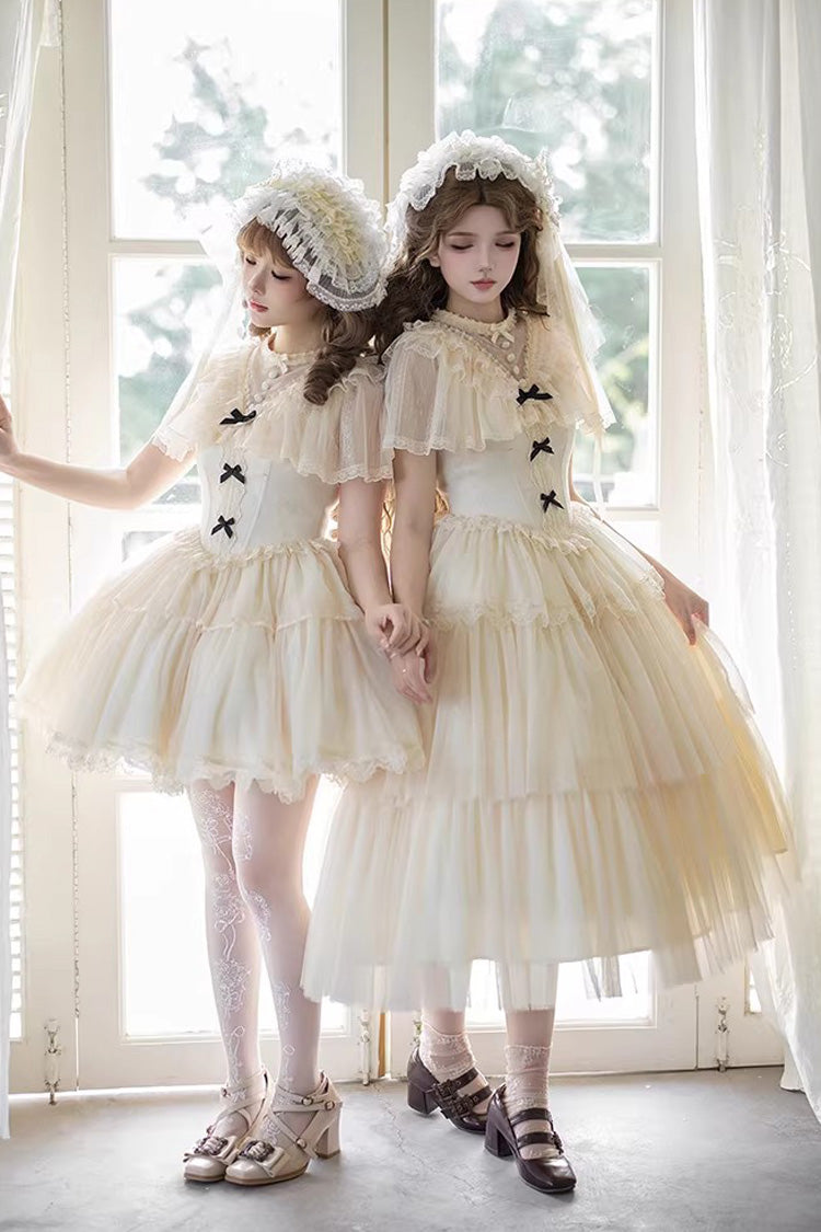 Ivory [The Oath of White Mist] Edwardian Collar Long Sleeves Multi-Layered Ruffled Bow Lace Fishbone Sweet Lolita Dress 2 Versions - Ivory(Short-Dress-Only) - 1