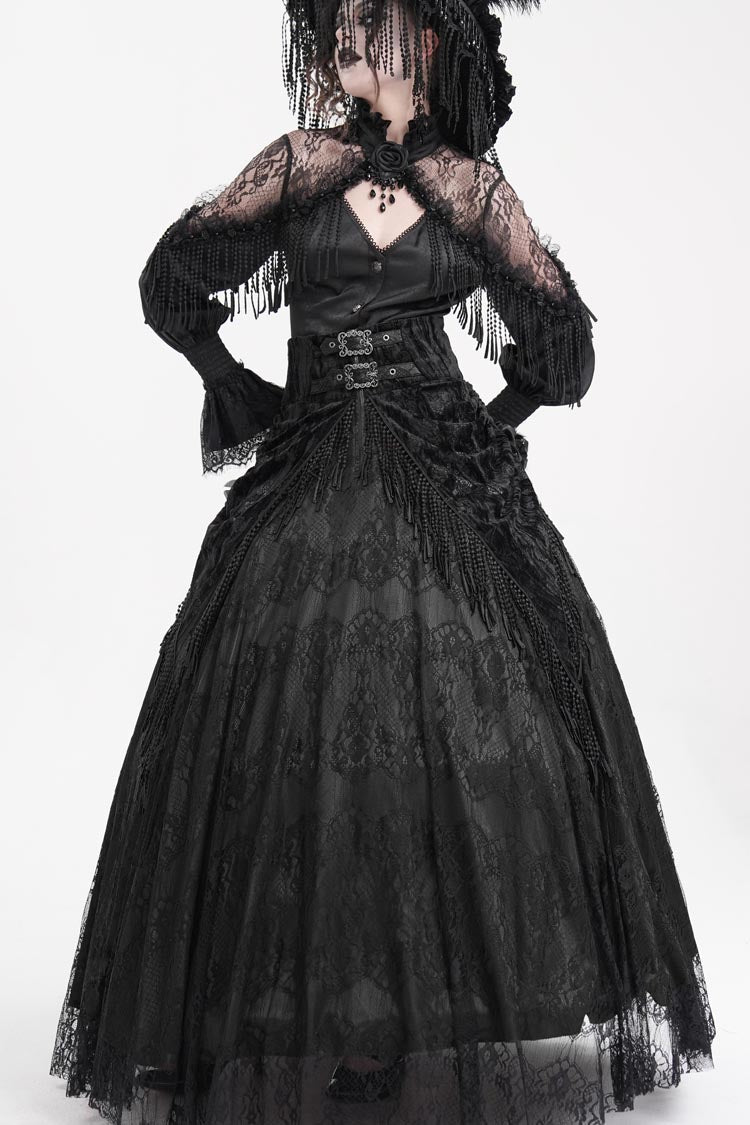 Black Print Embroidery Tassels Buckle-up Lace-Up Women's Gothic Long Skirt - Product - 2