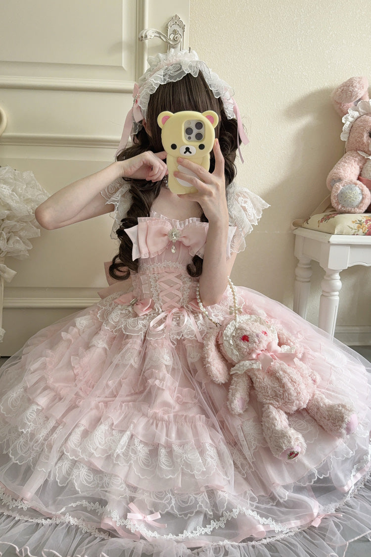 Pink [Eternal Vow] Sleeveless Multi-Layered Ruffle Hanayome Bowknot Lace Lace-Up Sweet Lolita Jsk Dress - Product - 9