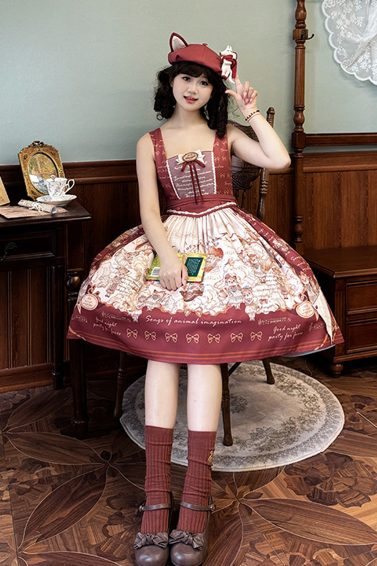 Wine Red [Fox Band] Print Square Collar Bowknot Classic Lolita Jumper Dress - Product - 16