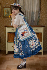 Dark Blue [Tea Party] Print Ruffle Bowknot Lace Sweet Elegant Lolita Jsk Dress - Product - 9